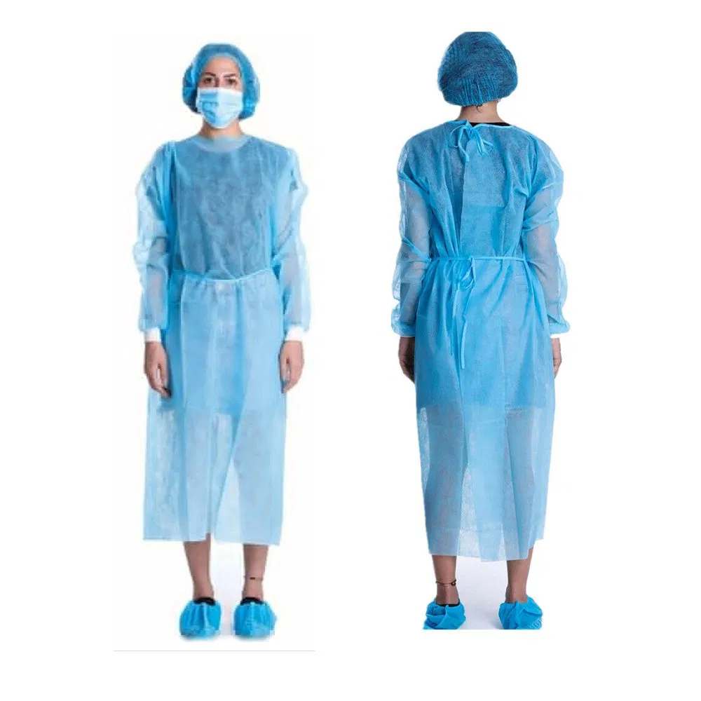 Gala de aislamiento desechable impermeable con puños de punto no tejido personalizada para venta al por mayor