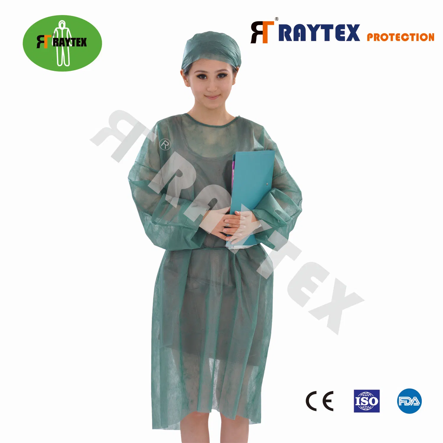 Bata de aislamiento no tejida de polipropileno desechable con puños elásticos de punto de Raytex