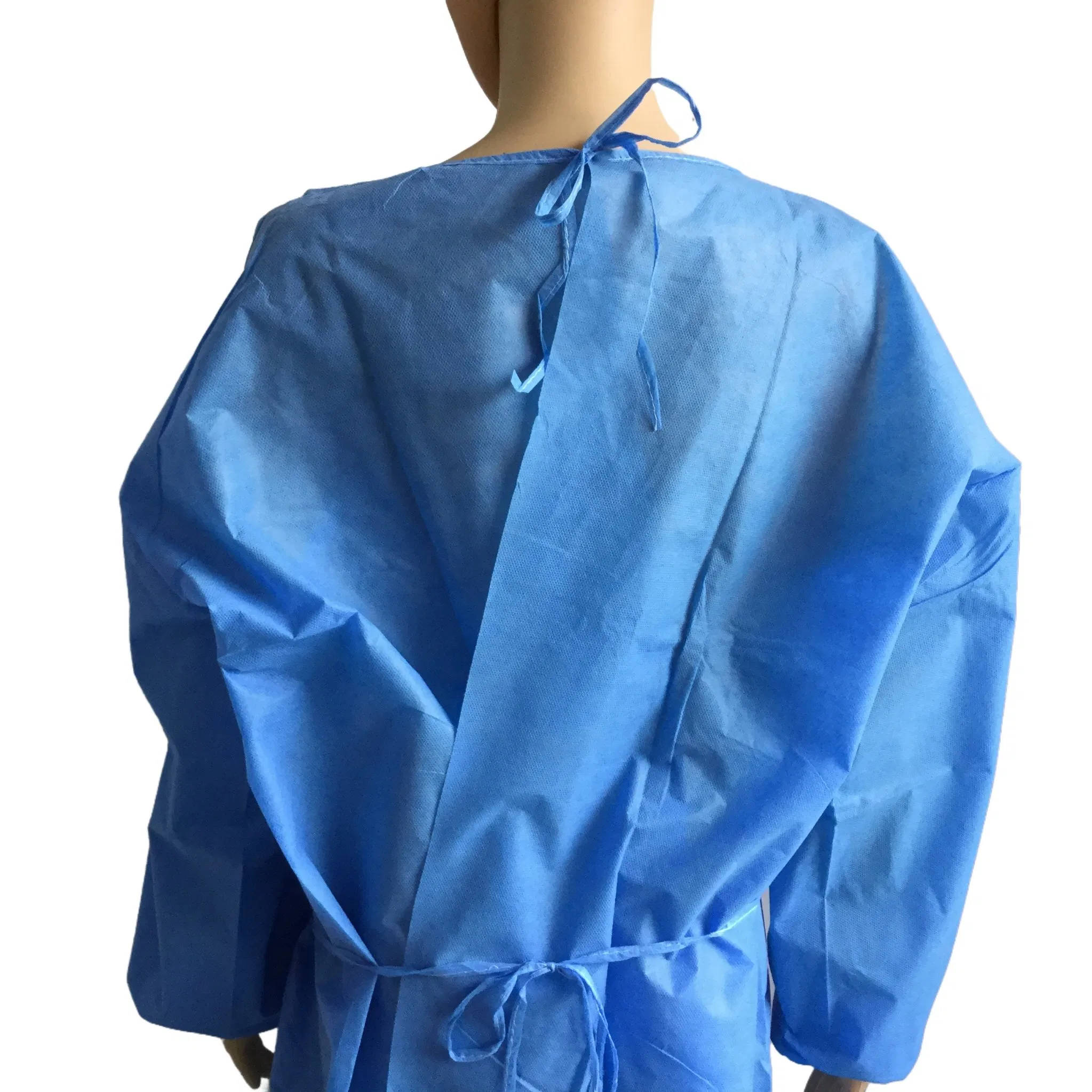 Batas desechables azules resistentes a fluidos SMS con mangas largas y puños de punto, lazos en la cintura y el cuello para uso civil, comercial, médico, dental, de laboratorio y hospitalario