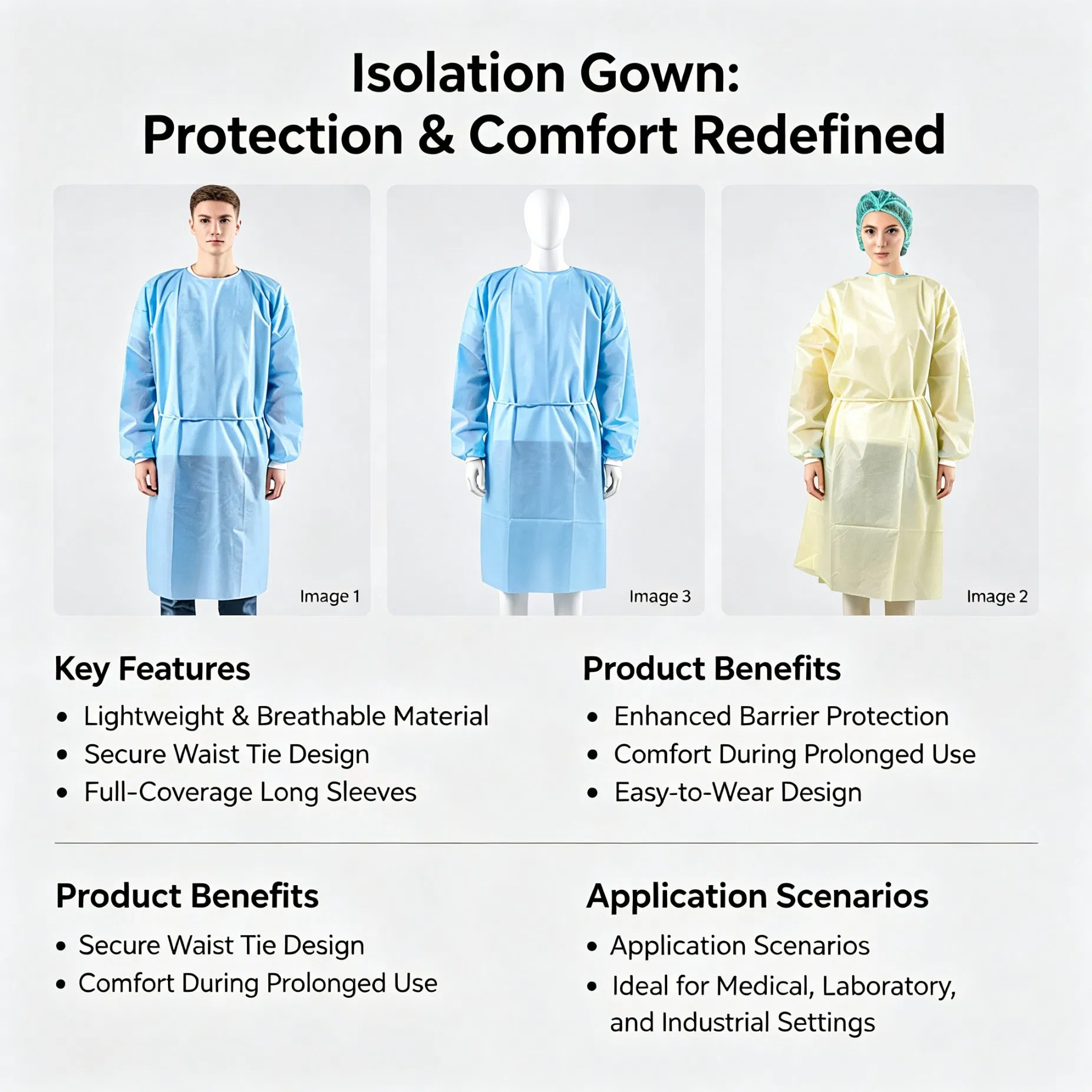 Bata de aislamiento desechable laminada de PE, resistente a fluidos, bata médica protectora
