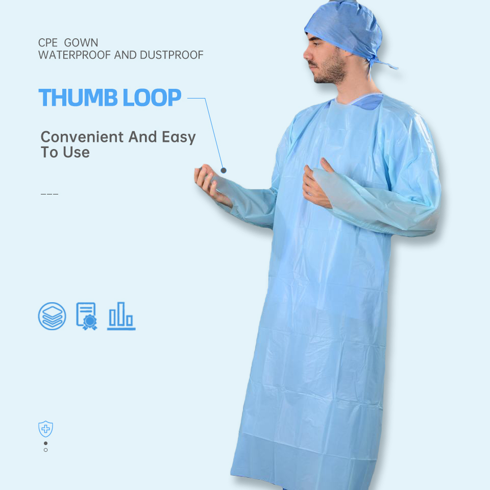Batas de aislamiento desechables de CPE con bucle para el pulgar impermeable
