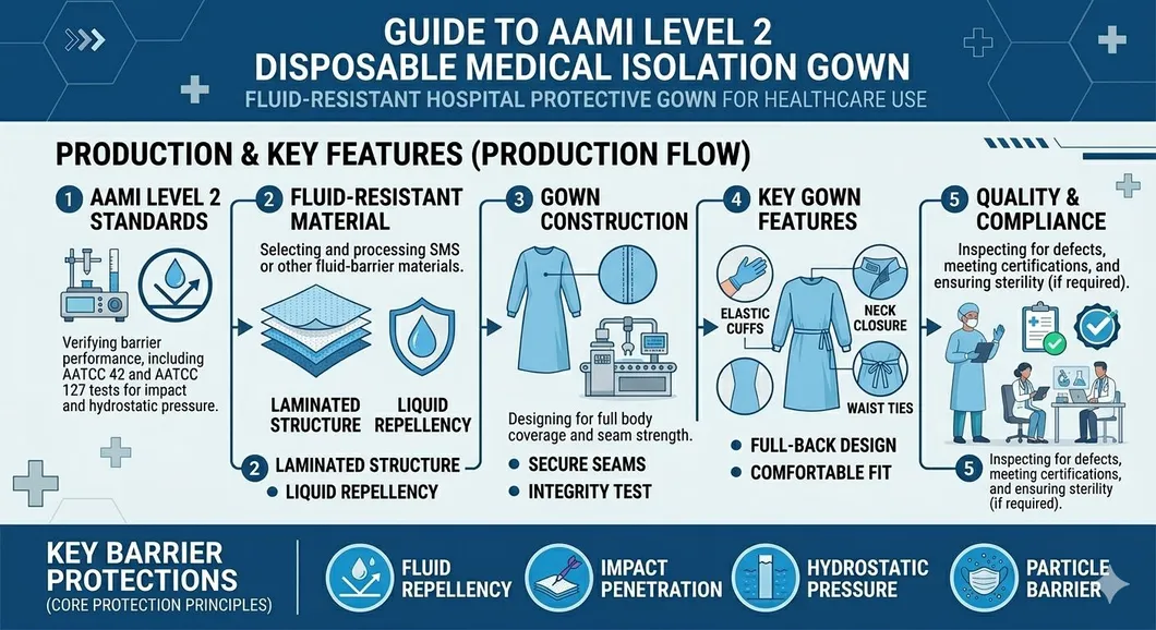 Gown de AAMI Nivel 2 desechable, aislante médico, resistente a fluidos, para uso hospitalario