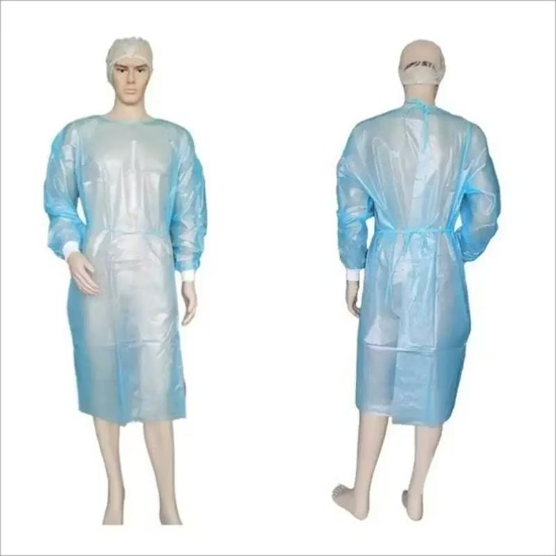 Bata de aislamiento desechable impermeable azul de PP no tejido de nivel AAMI 2 con puño de punto