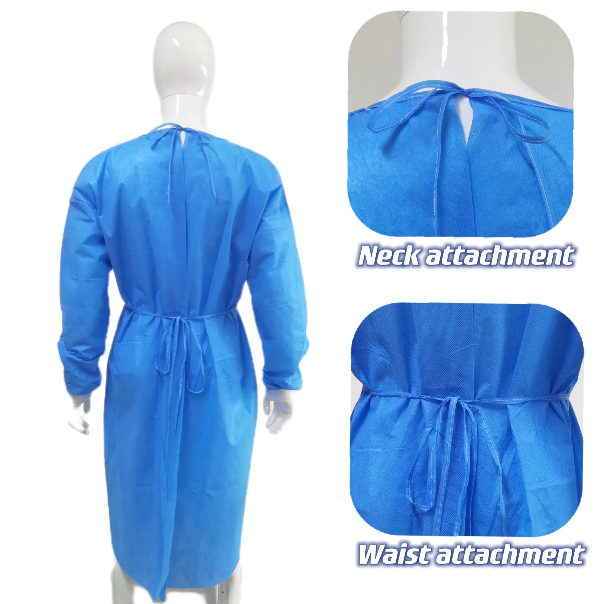 SMS Azul 45GSM 120X140cm Nivel AAMI 1/2/3 Bata de Aislamiento Desechable