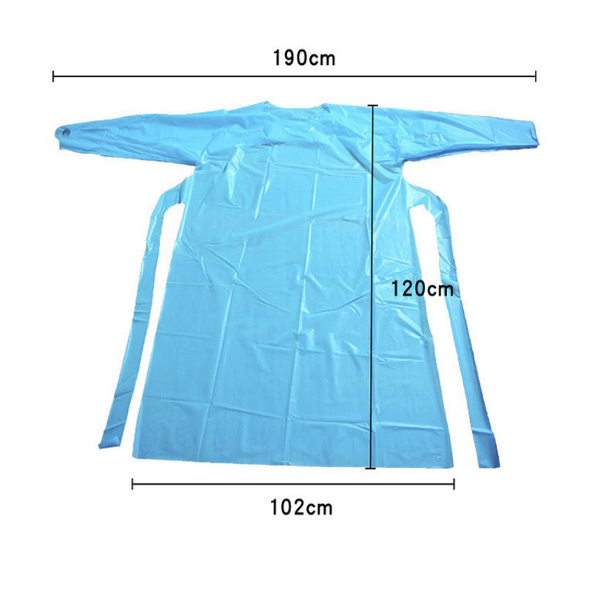 Bata de aislamiento desechable de plástico impermeable para uso médico con lazos para el pulgar
