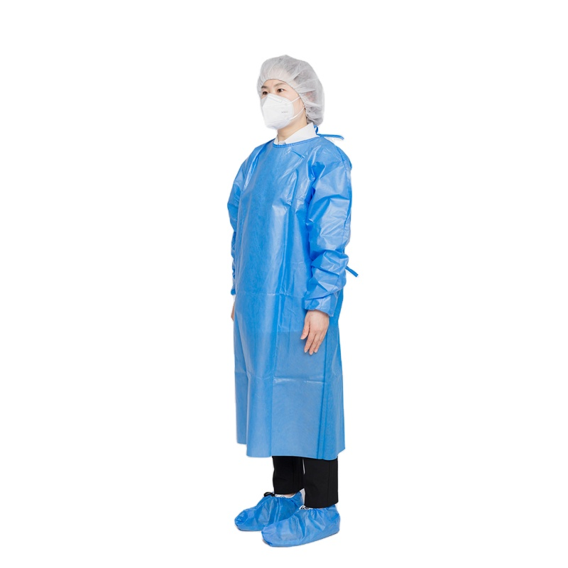 Bata quirúrgica desechable de PP PE resistente a fluidos, certificada por CE 35GSM bata de aislamiento impermeable, abrigo protector para hospital