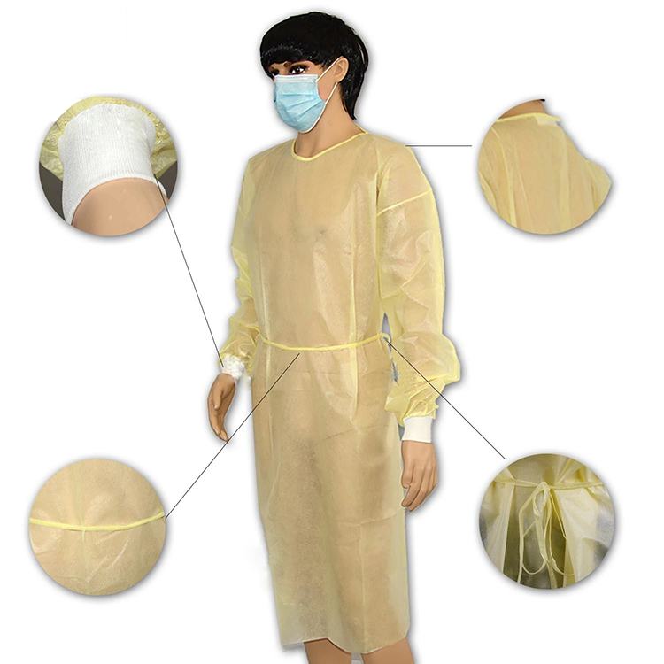 Vestido de Aislamiento Desechable de PP o SMS Amarillo de Nivel AAMI 2 con Puños de Punto de Protección Personal No Tejido al por Mayor