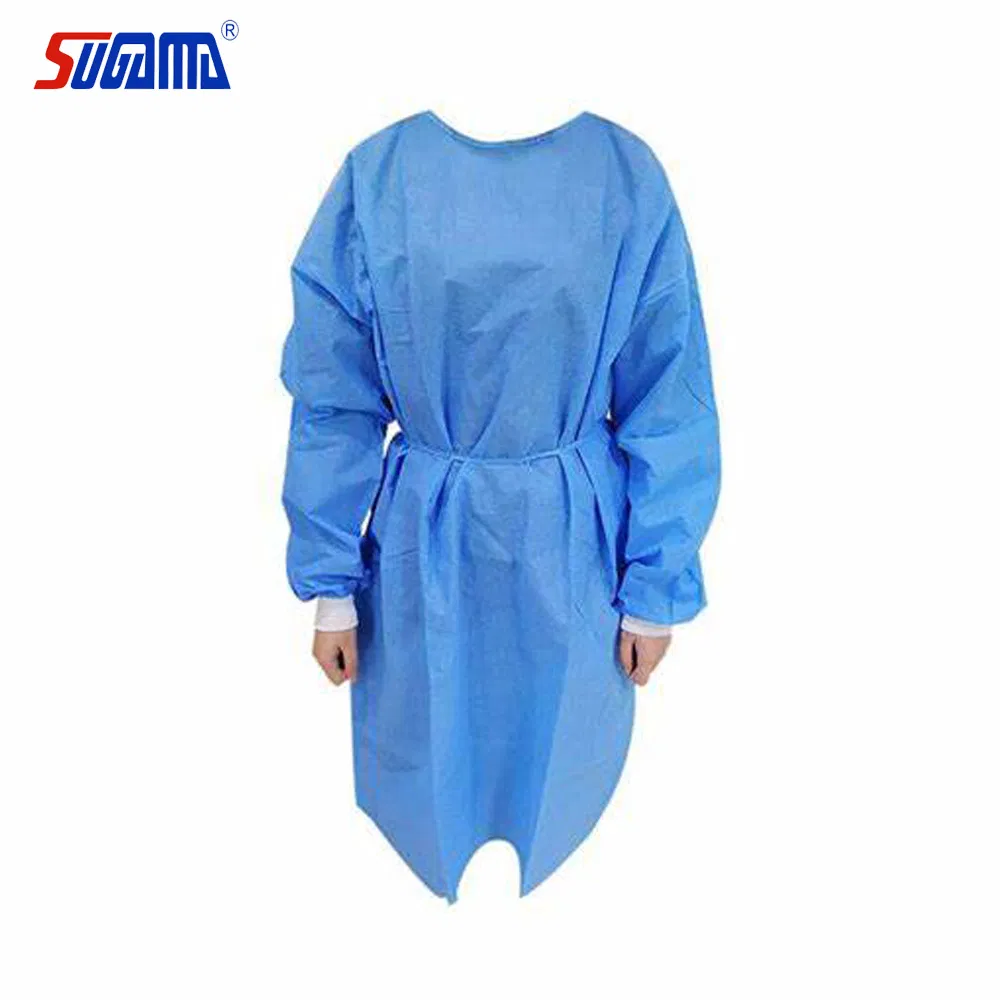 Ropa desechable de PPE al por mayor AAMI Level2 Nivel 3 SMS PP PE con puños de punto, delantal impermeable, bata de aislamiento resistente a fluidos, batas quirúrgicas