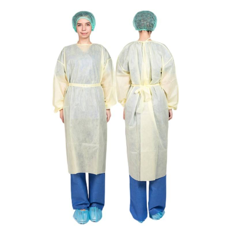 Bata de aislamiento amarilla desechable con puño de punto, bata de aislamiento quirúrgica médica para hospital