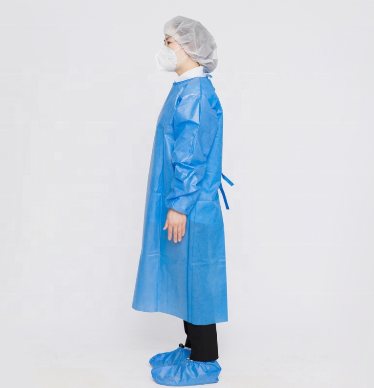 Bata quirúrgica desechable de PP PE resistente a fluidos, certificada por CE 35GSM bata de aislamiento impermeable, abrigo protector para hospital