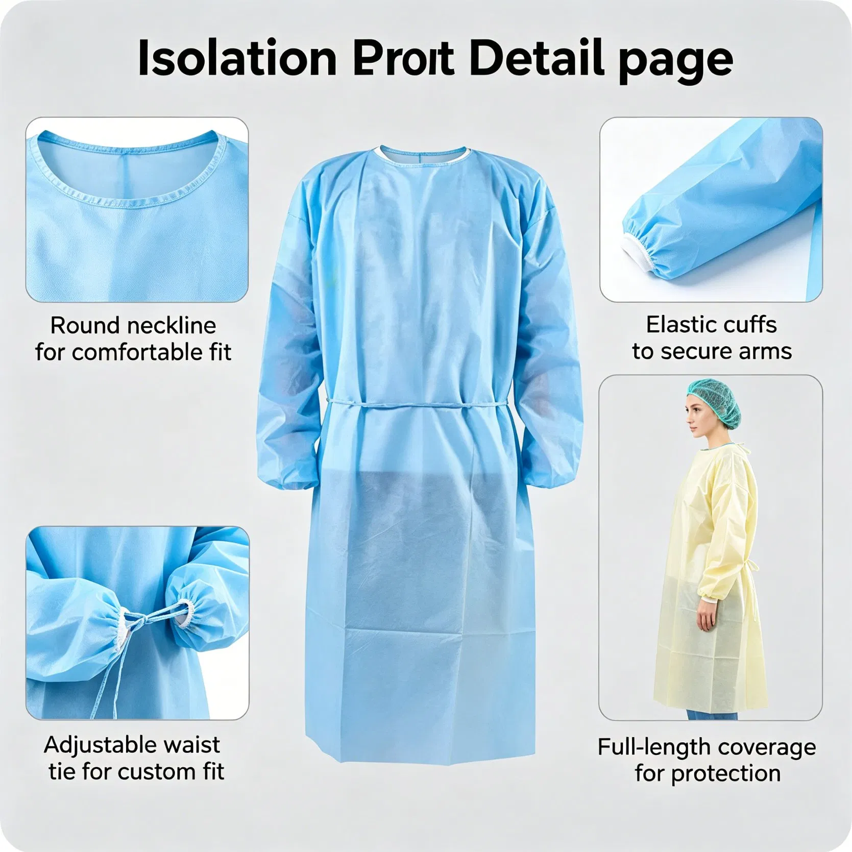 Bata de aislamiento desechable laminada de PE, resistente a fluidos, bata médica protectora