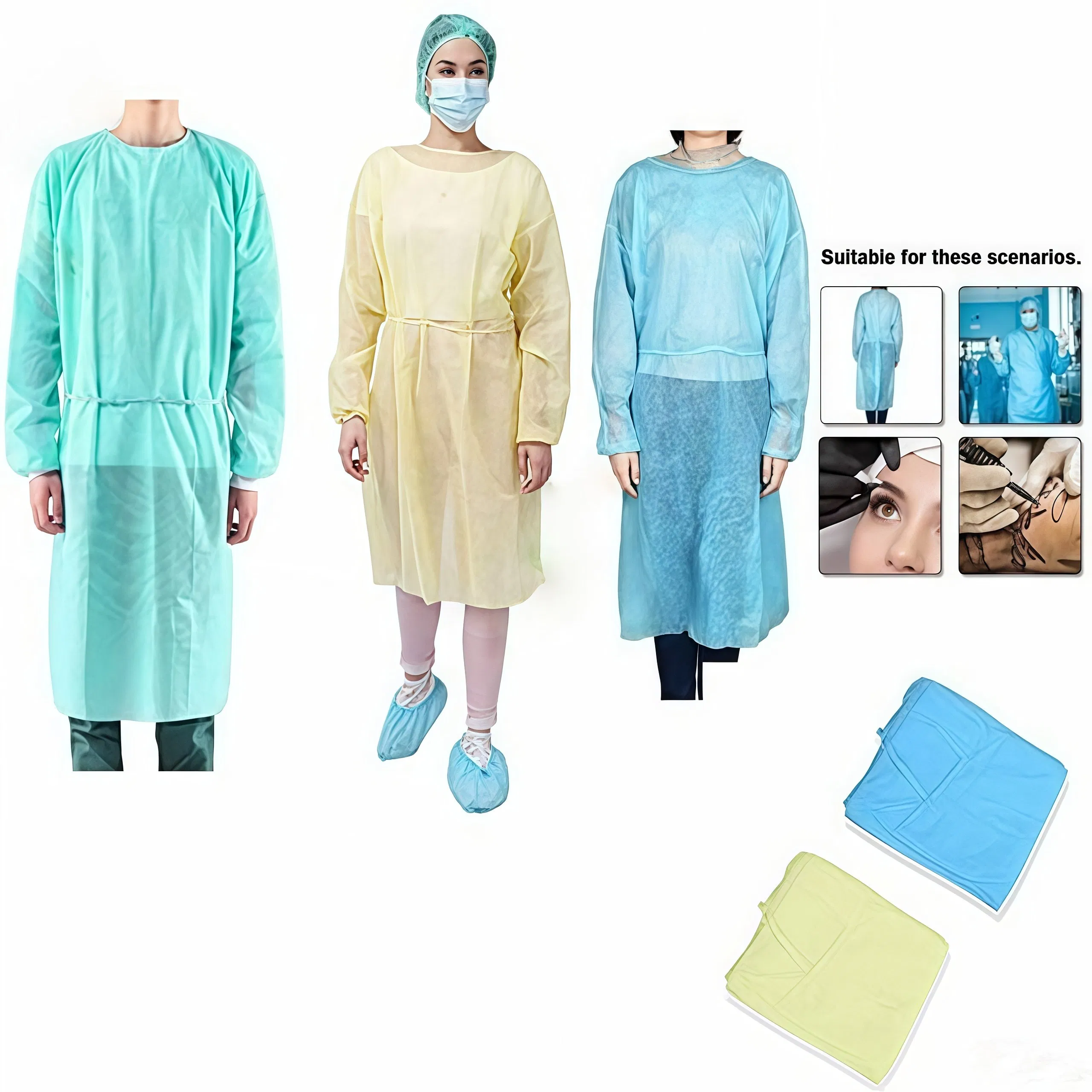 Bata quirúrgica desechable blanca de protección aislante para médico, cirujano, paciente, visitante, hospital
