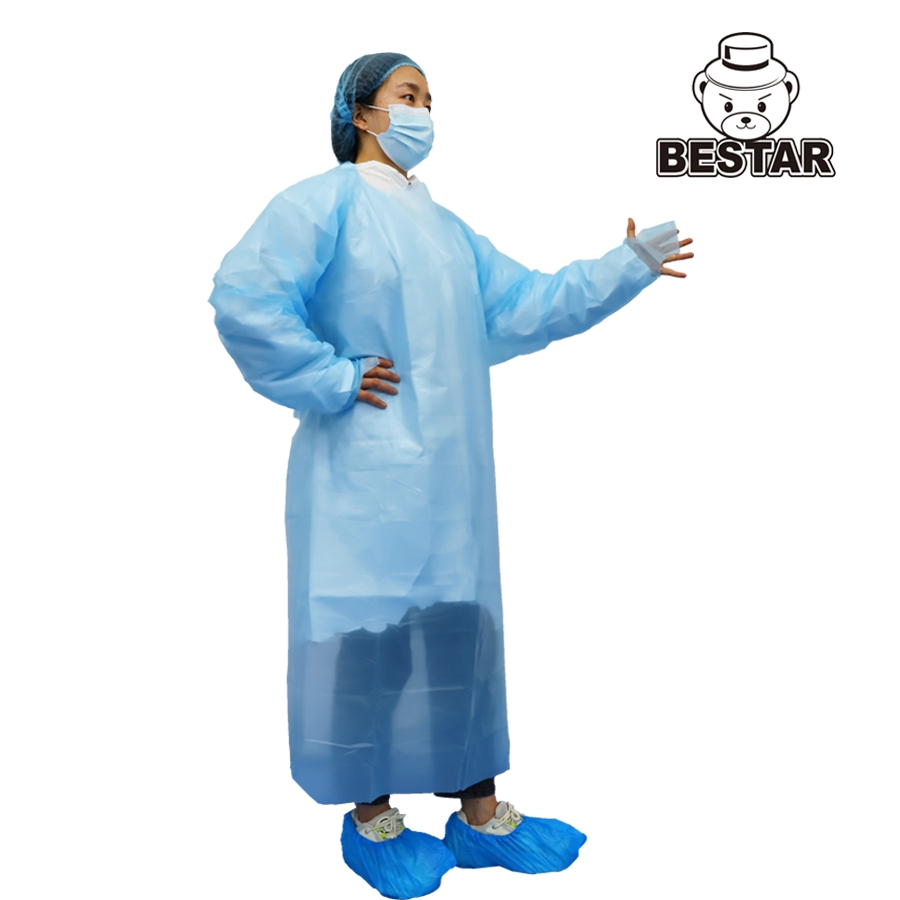 Bata desechable de CPE con puños elásticos, con lazo para el pulgar, abrigo protector impermeable para servicio de alimentos y uso industrial