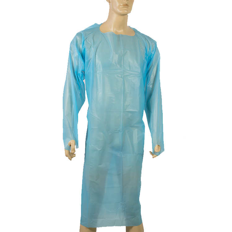 Bata de aislamiento desechable CPE con bucle para el pulgar para protección