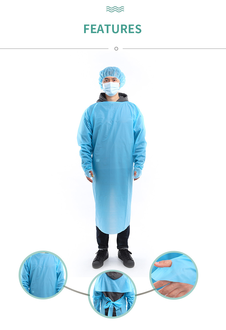 Bata de aislamiento hospitalaria desechable de polietileno impermeable con lazo para el pulgar