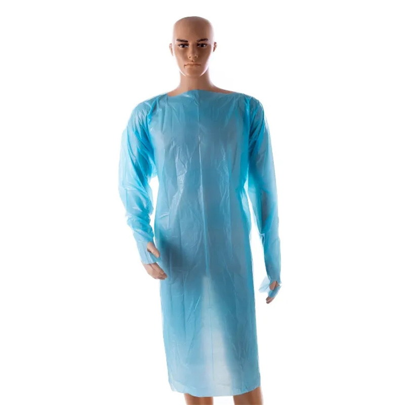 Batas de aislamiento CPE resistentes a fluidos azules fuertes con bucle para el pulgar Paquete 100