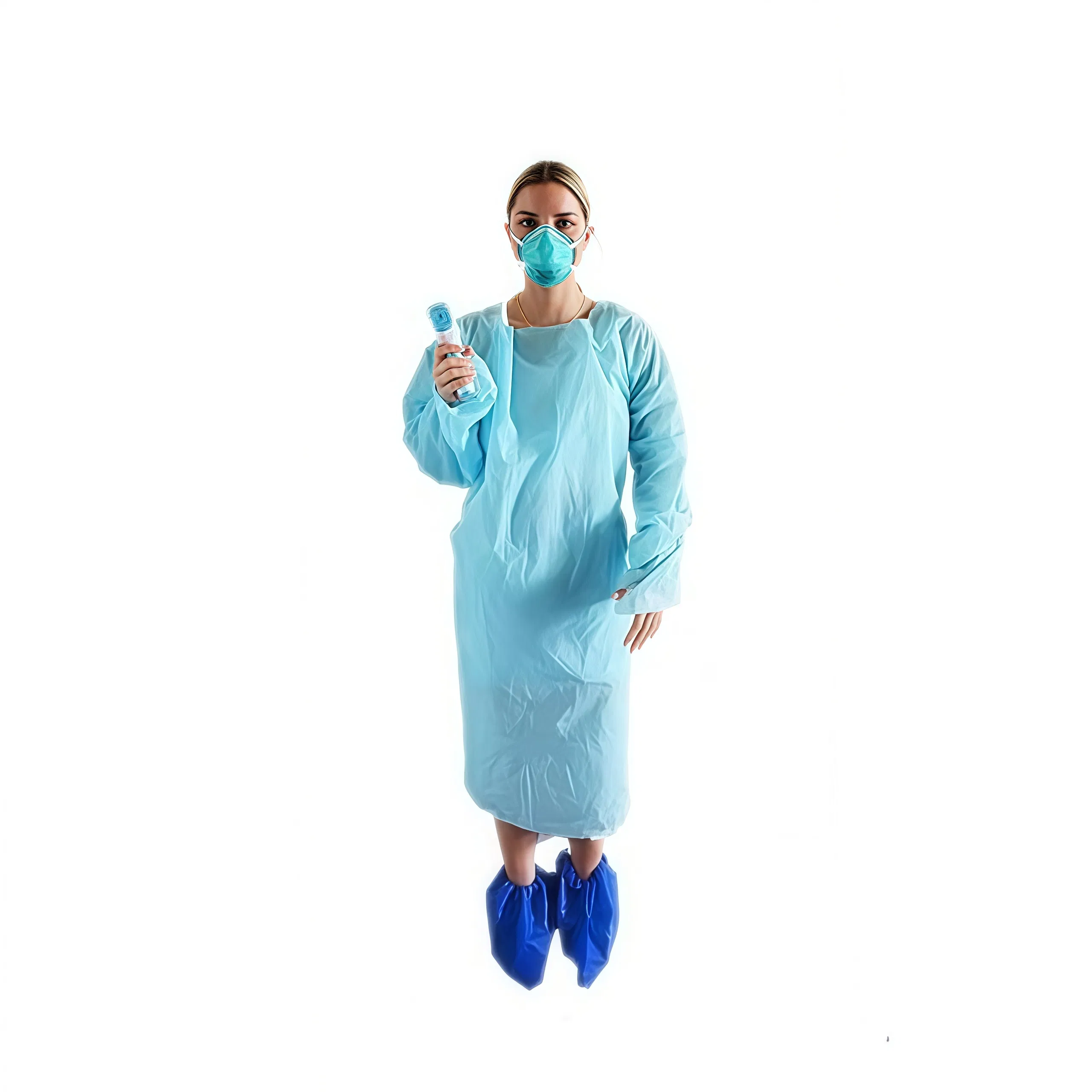 Bata desechable de aislamiento/CPE/plástico poliéster impermeable al por mayor con mangas largas y puños con lazo para el pulgar