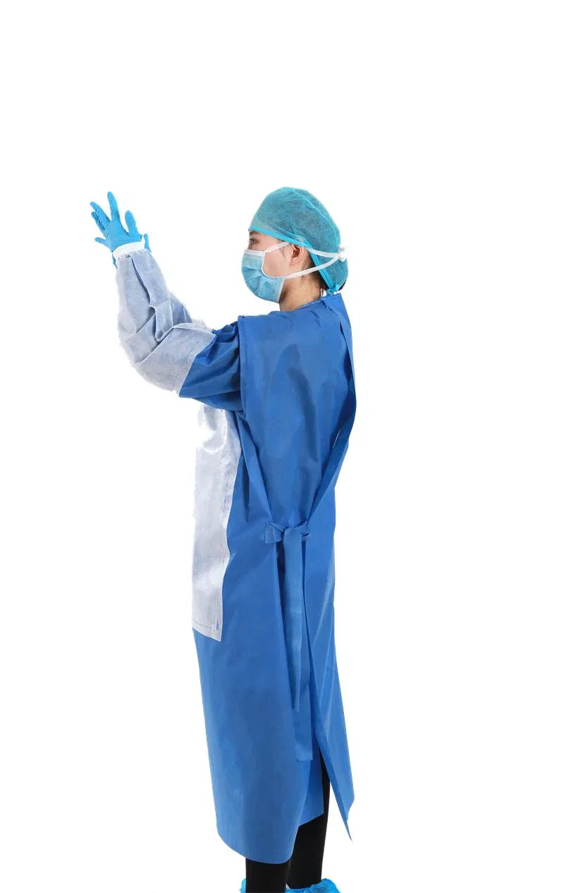 Fábrica de exportación AAMI Nivel 2 Gowns desechables reforzados de aislamiento para clínica, examen, hospital SMS 45GSM Gown quirúrgico estéril