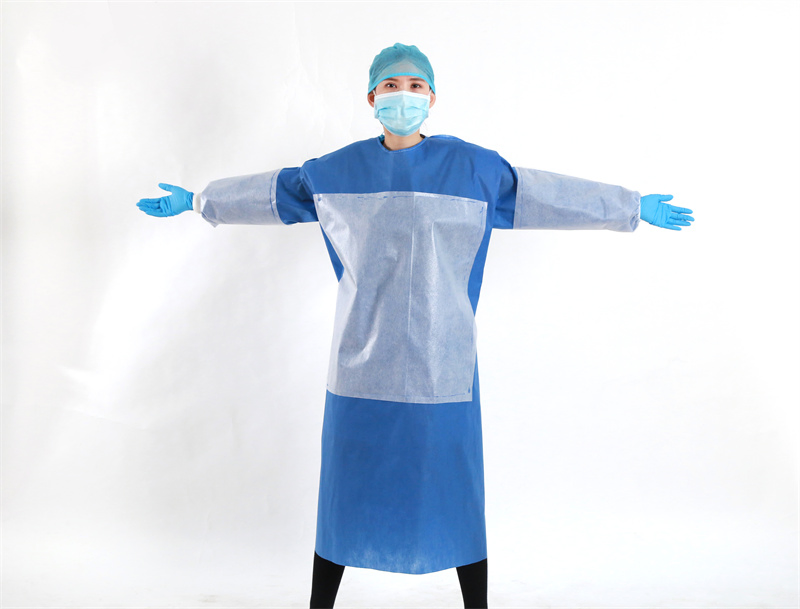 Fábrica de exportación AAMI Nivel 2 Gowns desechables reforzados de aislamiento para clínica, examen, hospital SMS 45GSM Gown quirúrgico estéril