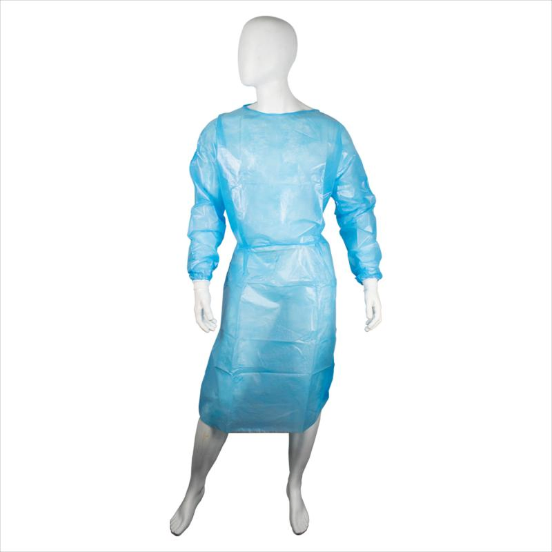 Bata de aislamiento desechable impermeable azul de PP no tejido de nivel AAMI 2 con puño de punto