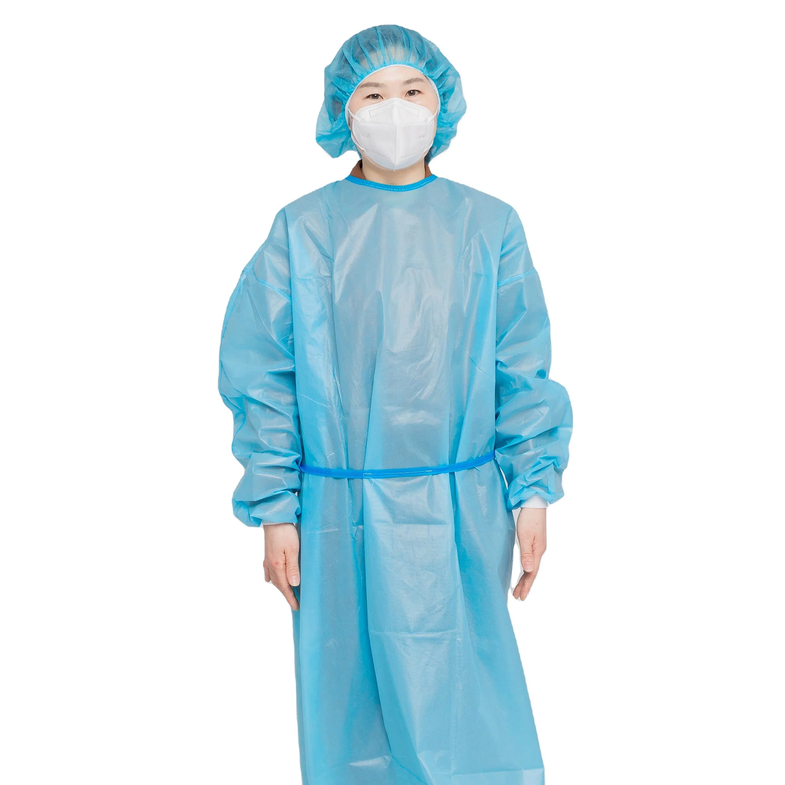 Bata quirúrgica desechable SMS/PP+PE aprobada por CE, impermeable, con aislamiento y puños elásticos/puños de punto para uso médico en hospitales y dentales