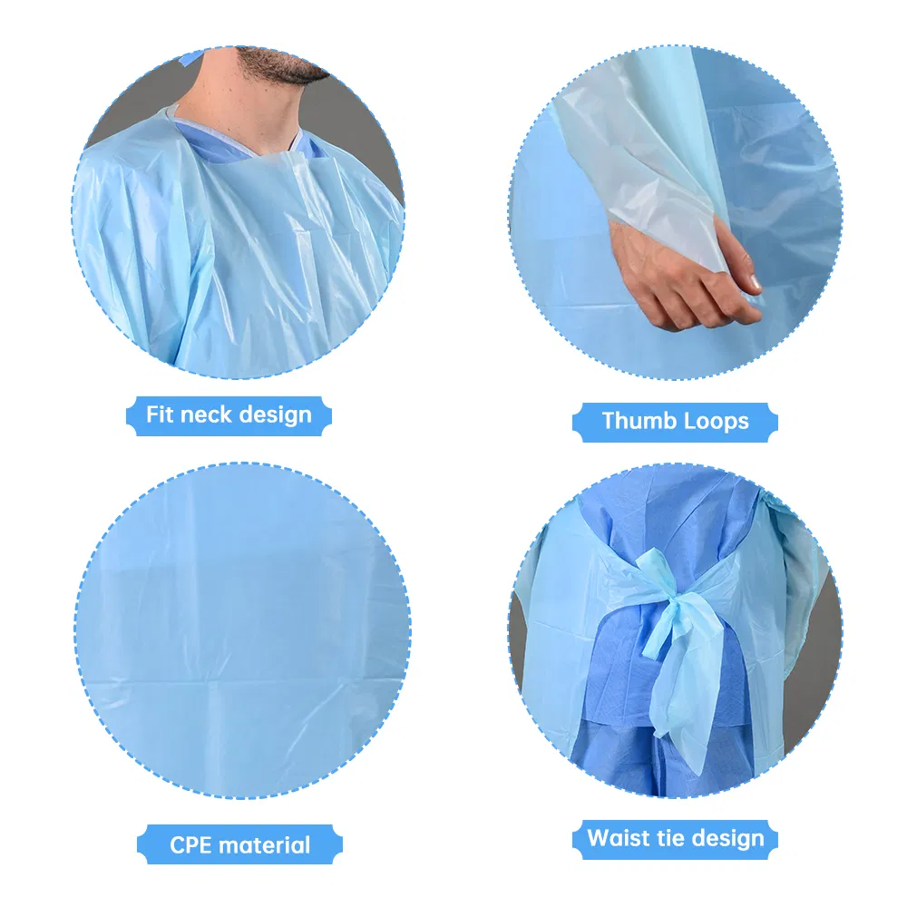 Batas de aislamiento desechables de CPE con bucle para el pulgar impermeable