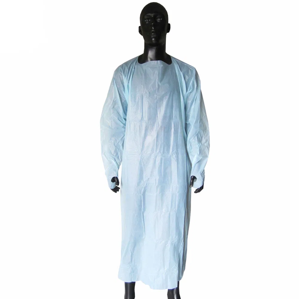 Bata de aislamiento desechable CPE con bucle para el pulgar para protección