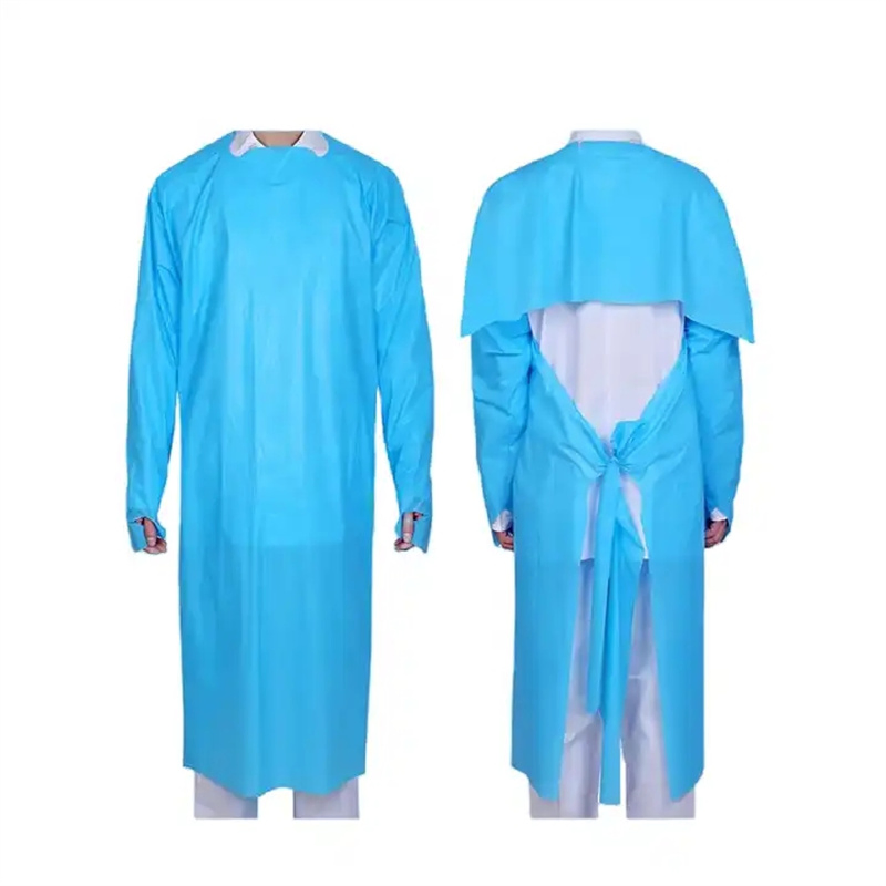 CE/ISO13485/FDA Bata de aislamiento desechable azul, delantal de plástico PPE con bucle para el pulgar