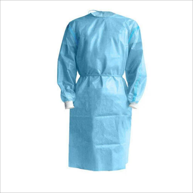 Bata de aislamiento desechable impermeable azul de PP no tejido de nivel AAMI 2 con puño de punto