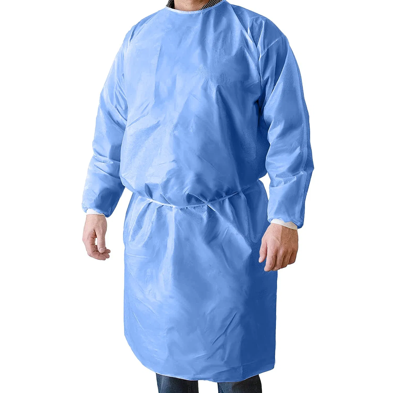 Bata de aislamiento desechable azul de mangas largas SMS 45GSM en stock