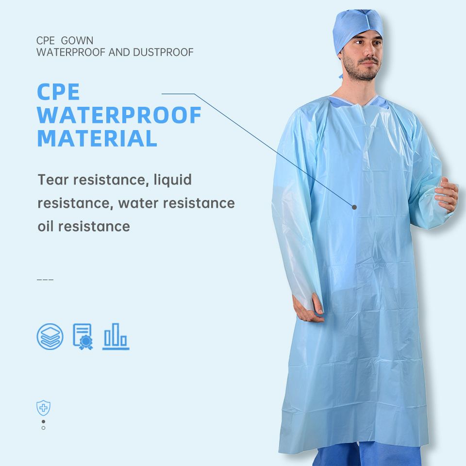 Batas de aislamiento desechables de CPE con bucle para el pulgar impermeable