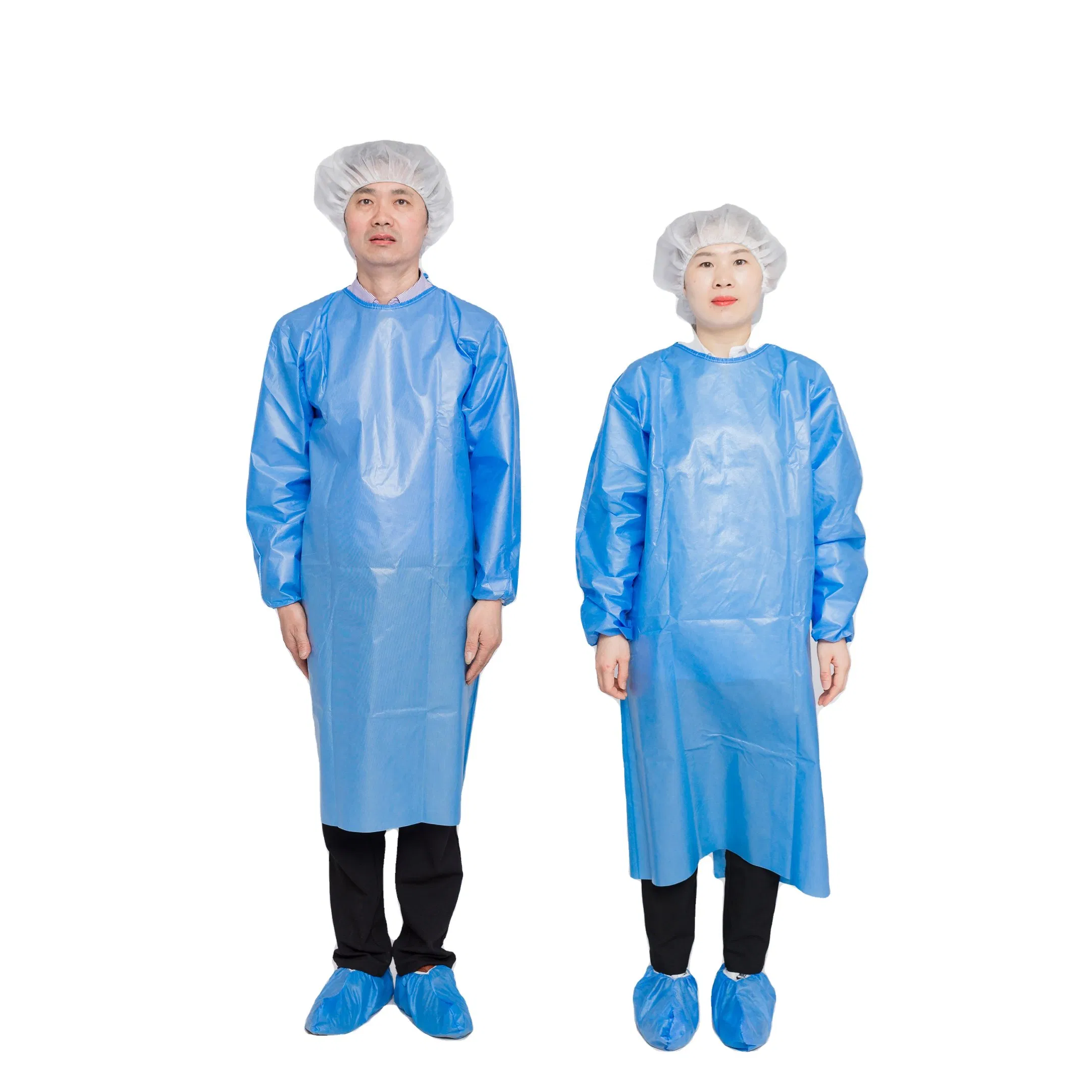 Bata quirúrgica desechable de PP PE resistente a fluidos, certificada por CE 35GSM bata de aislamiento impermeable, abrigo protector para hospital