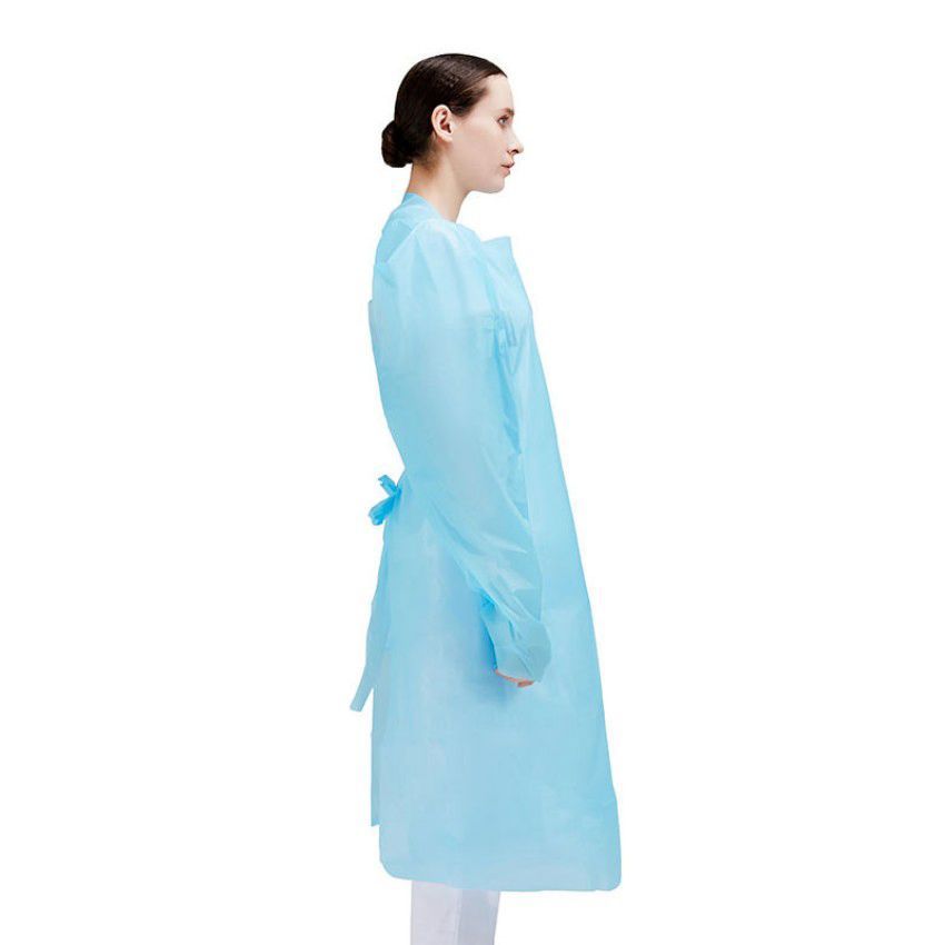 Bata de aislamiento desechable de plástico impermeable para uso médico con lazos para el pulgar