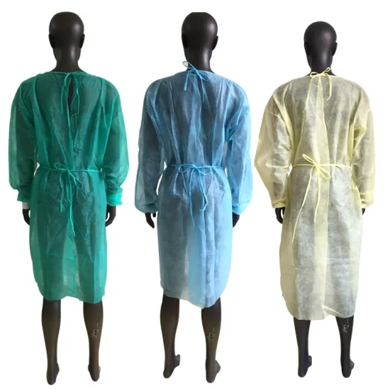 Ropa protectora desechable de polipropileno no tejido, bata de aislamiento, bata de examen para pacientes, delantal desechable amarillo con mangas largas para hospital
