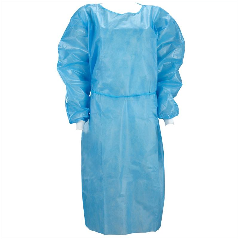 Bata de aislamiento desechable impermeable azul de PP no tejido de nivel AAMI 2 con puño de punto
