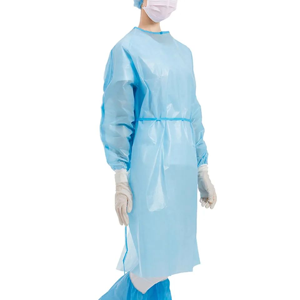 Bata de Aislamiento de Polietileno Desechable CPE Impermeable con Manga Larga 35g y Abertura para el Pulgar