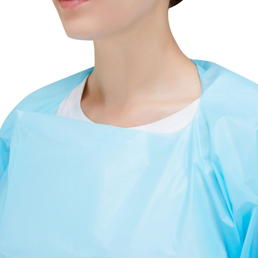 Bata de aislamiento desechable de plástico impermeable para uso médico con lazos para el pulgar
