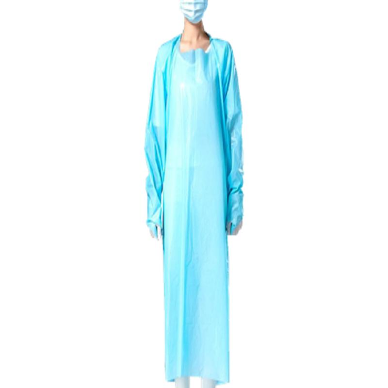 Traje de aislamiento desechable de manga larga impermeable de plástico no tejido, delantal desechable de HDPE, bata protectora de CPE con lazo para el pulgar
