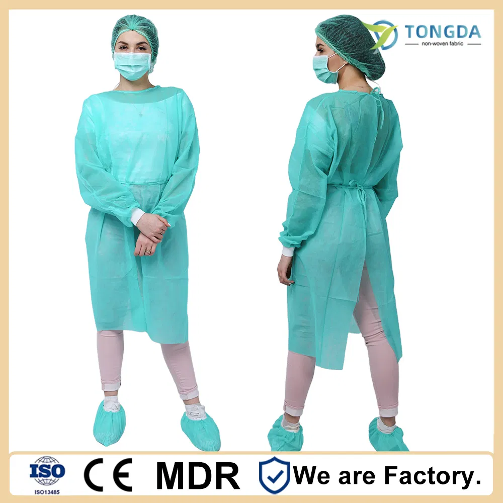 Conjunto de uniforme de hospital de algodón puro para doctor y enfermera, bata reutilizable de PP, manga de punto verde, bata de aislamiento resistente al cloro para hospital
