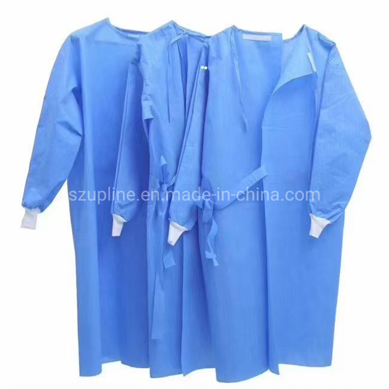 Gown quirúrgico desechable aislante SMS 35GSM a prueba de agua y antivirus de nivel AAMI 2 con puño de ribete