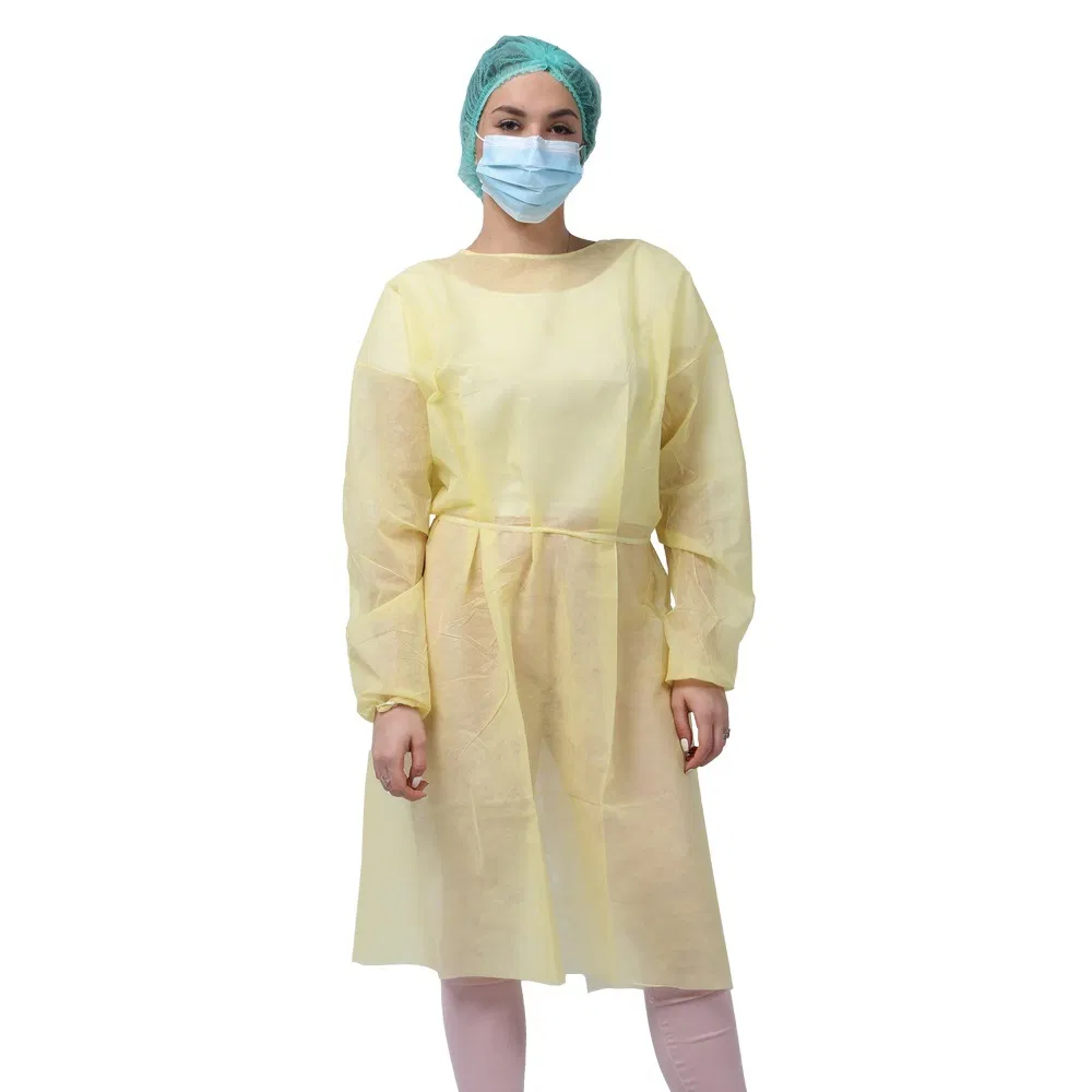 Ropa protectora desechable de polipropileno no tejido, bata de aislamiento, bata de examen para pacientes, delantal desechable amarillo con mangas largas para hospital