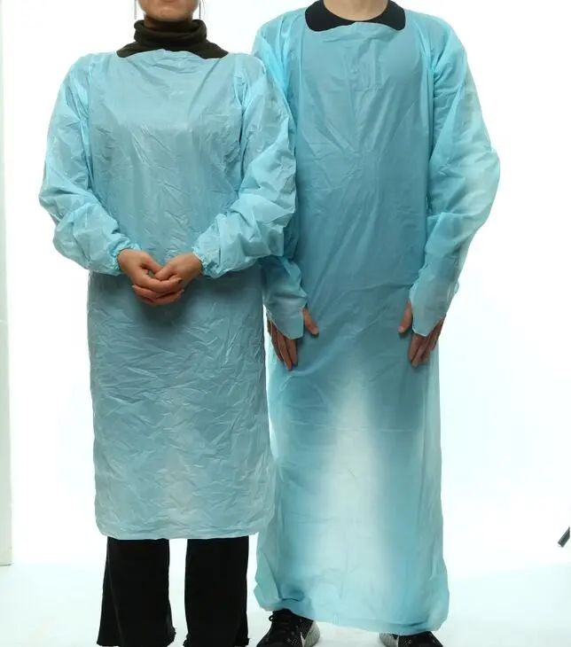 Bata de Aislamiento de Polietileno Desechable CPE Impermeable con Manga Larga 35g y Abertura para el Pulgar