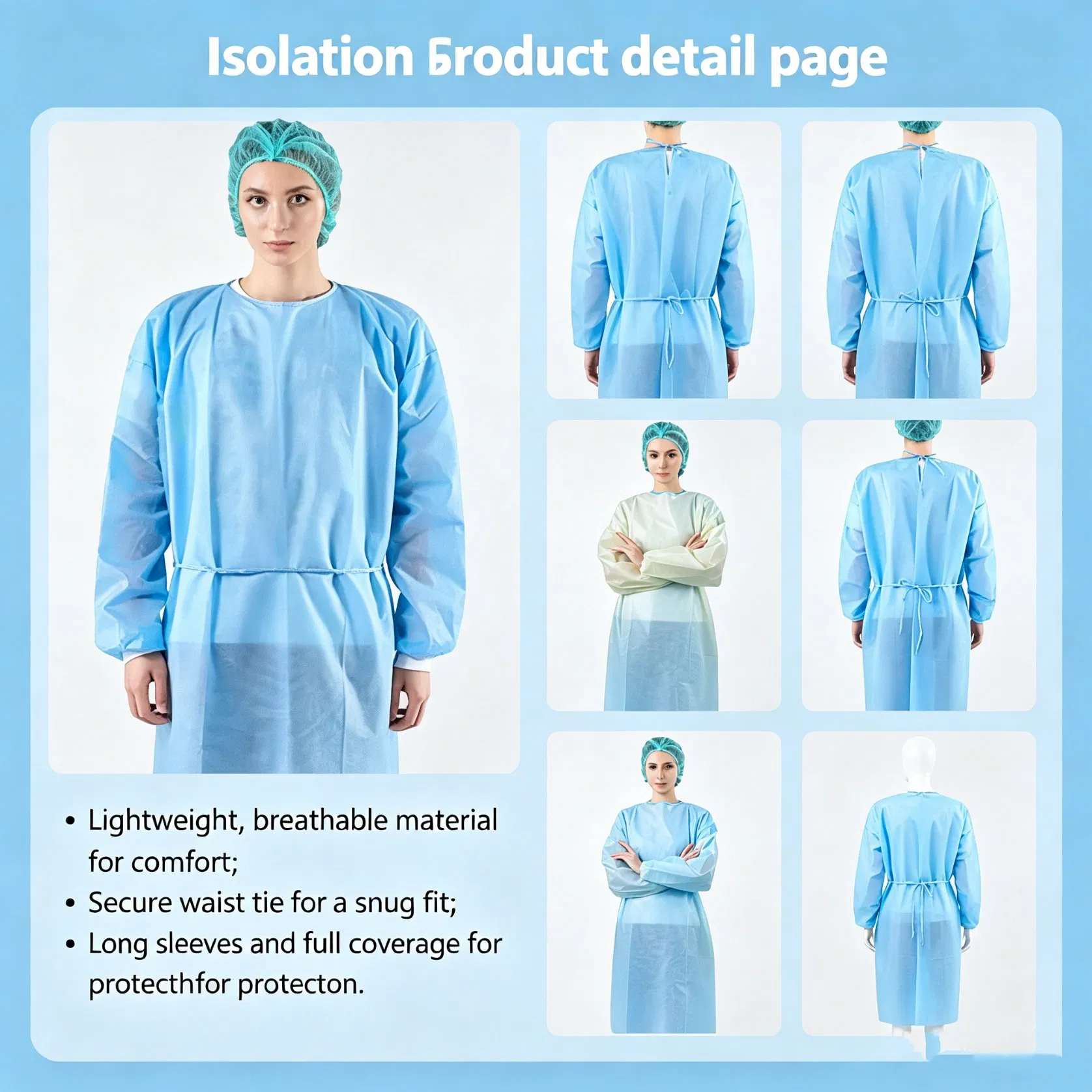 Bata de aislamiento desechable laminada de PE, resistente a fluidos, bata médica protectora
