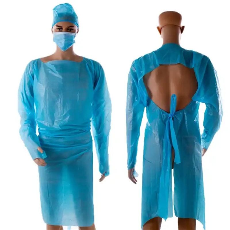 Batas de aislamiento CPE resistentes a fluidos azules fuertes con bucle para el pulgar Paquete 100