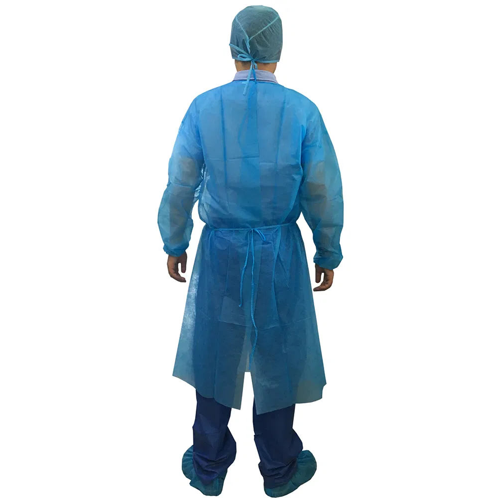 Bata de aislamiento desechable laminada de PE, resistente a fluidos, bata médica protectora
