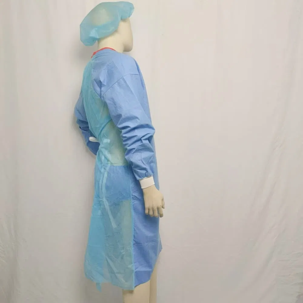 Batas de aislamiento de manga larga de alta calidad con cuello rojo y rayas, batas quirúrgicas transpirables a precio directo bajo