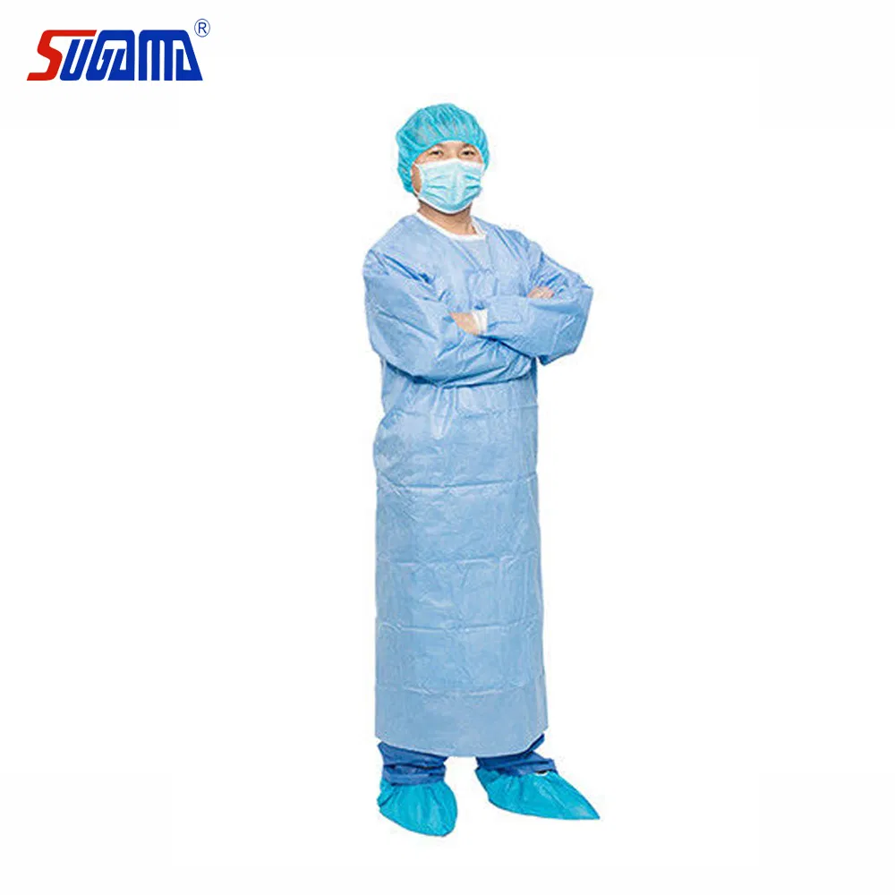 Precio de descuento de suministro de fábrica Gown de aislamiento quirúrgico con puños elásticos amarillos de nivel AAMI 2 para pacientes de mangas largas desechable