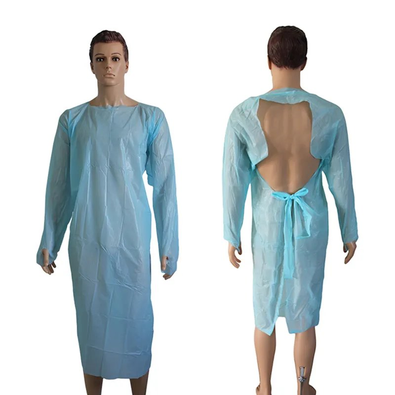CE/ISO13485/FDA Bata de aislamiento desechable azul, delantal de plástico PPE con bucle para el pulgar