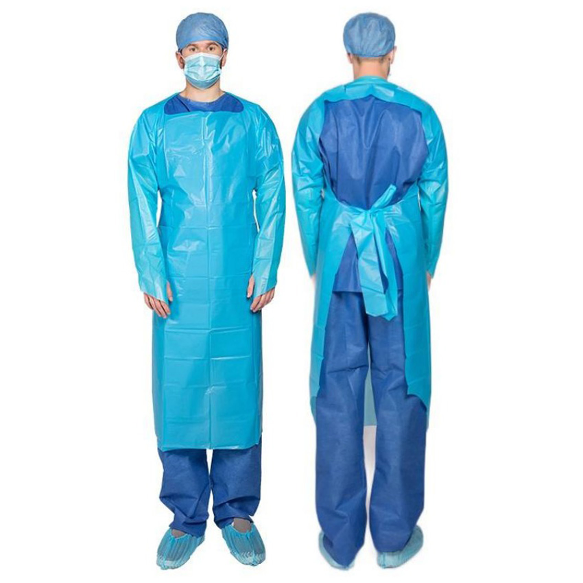 Bata de aislamiento desechable de plástico impermeable para uso médico con lazos para el pulgar