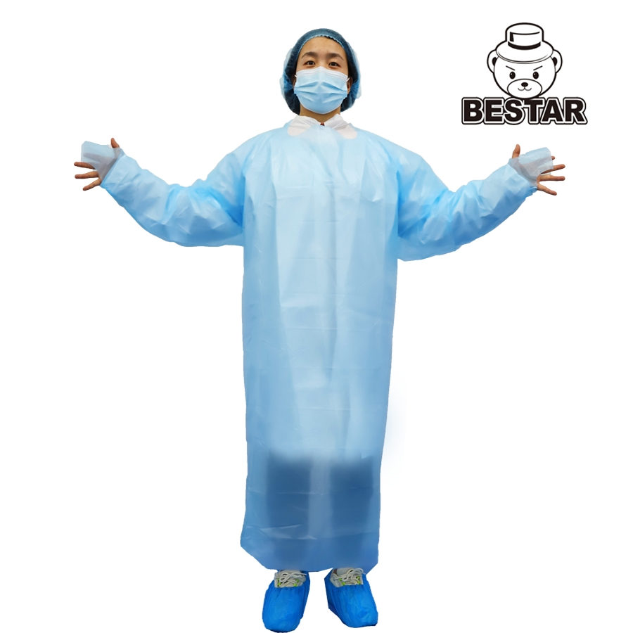 Bata desechable de CPE con puños elásticos, con lazo para el pulgar, abrigo protector impermeable para servicio de alimentos y uso industrial
